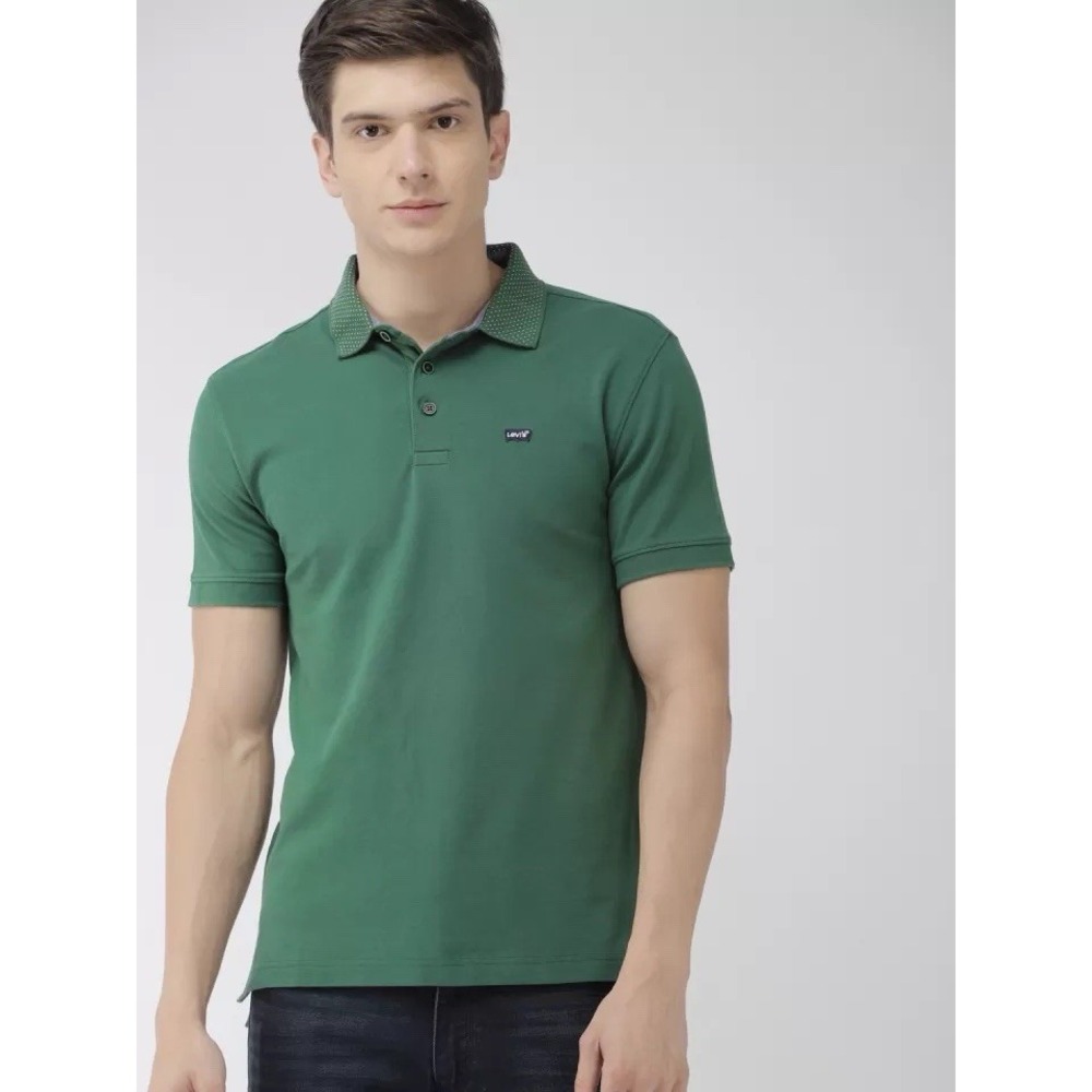 Levis Mens Solid Short Sleeve Polo Contrast Polka Dot Collar Green Size 2XL XXL